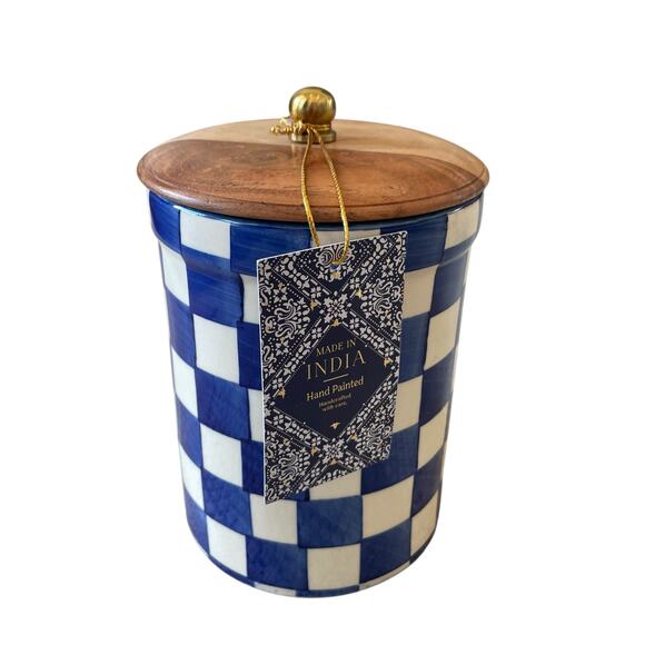 Hand Painted Checkered Ceramic Canister w/ Wood Lid Made in India Blue White NEW - Picture 11 of 16